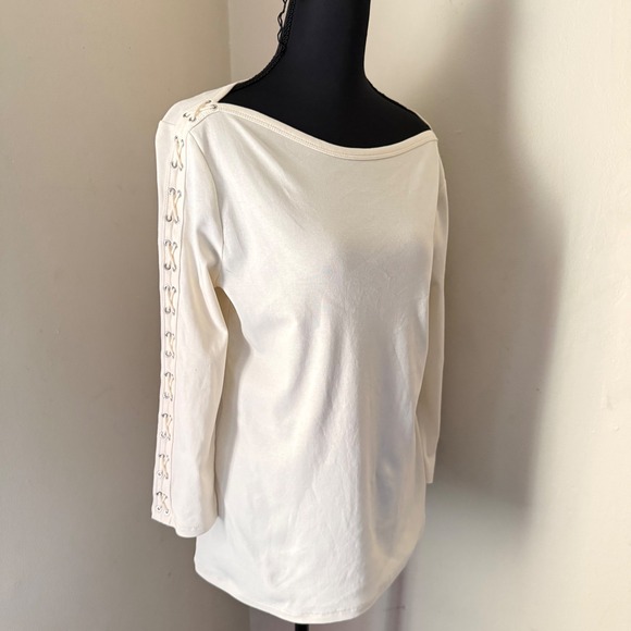 LAUREN Ralph Lauren Womens Cream Lace Up Shoulder Boat Neck Long Sleeve Top PL - Picture 1 of 10